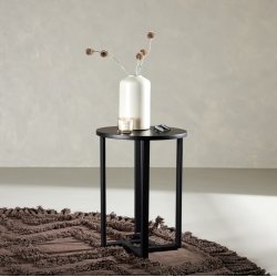 Junior - Sofabord i sort metal og sort tr, diameter 40 cm.