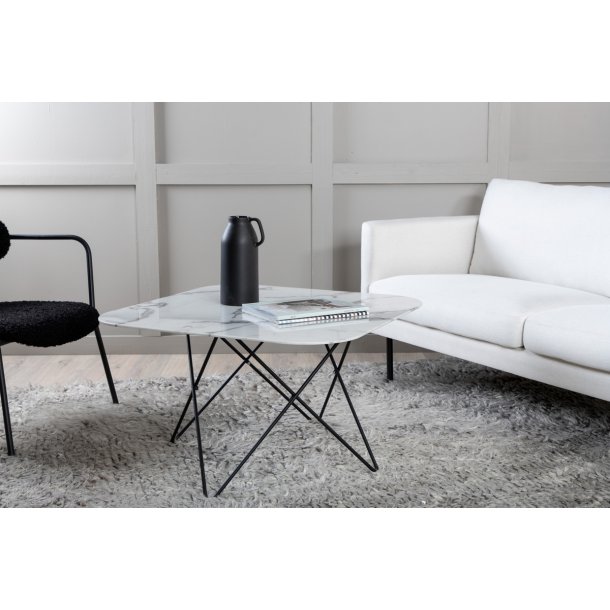Tubas- Sofabord i hvid marmor glas og sort metal, 80 x 80 cm