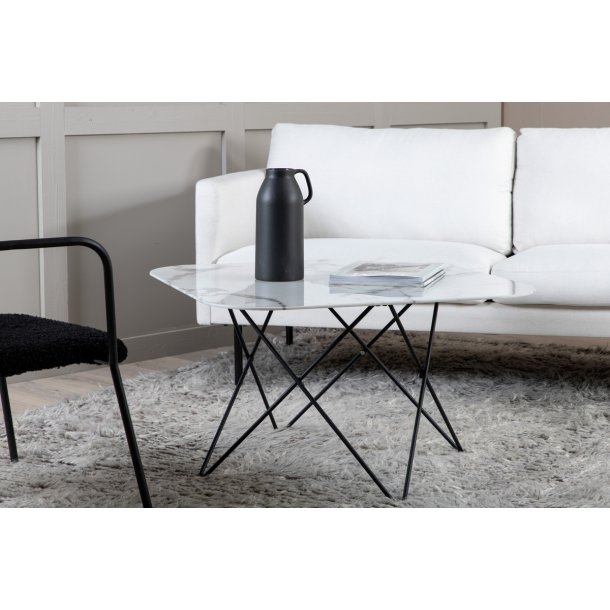 Tubas- Sofabord i hvid marmor glas og sort metal, 80 x 80 cm