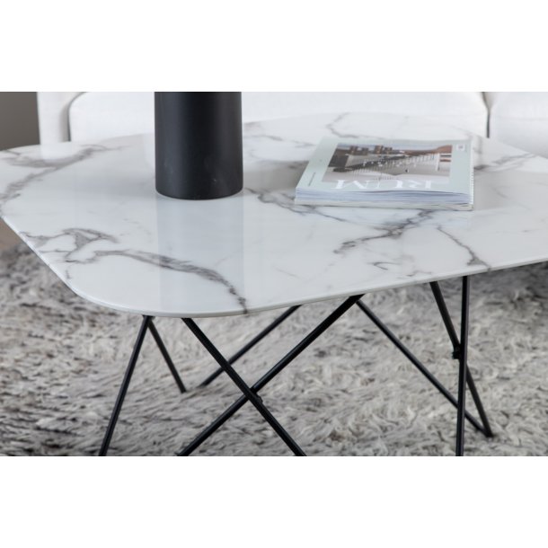 Tubas- Sofabord i hvid marmor glas og sort metal, 80 x 80 cm