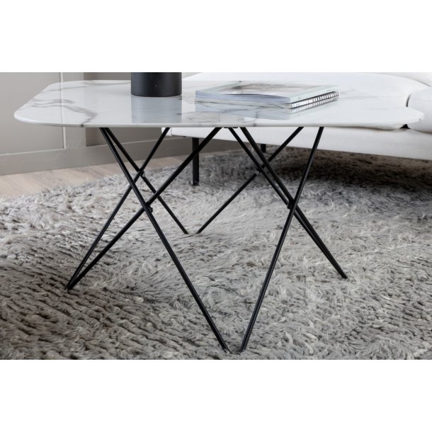 Tubas- Sofabord i hvid marmor glas og sort metal, 80 x 80 cm