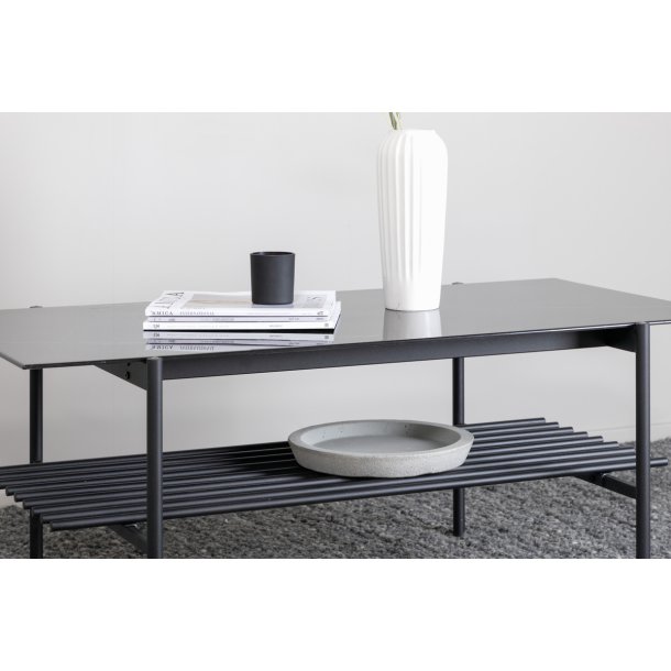 Bodia - Sofabord i marmor glas og sort metal, 60 x 120 cm.