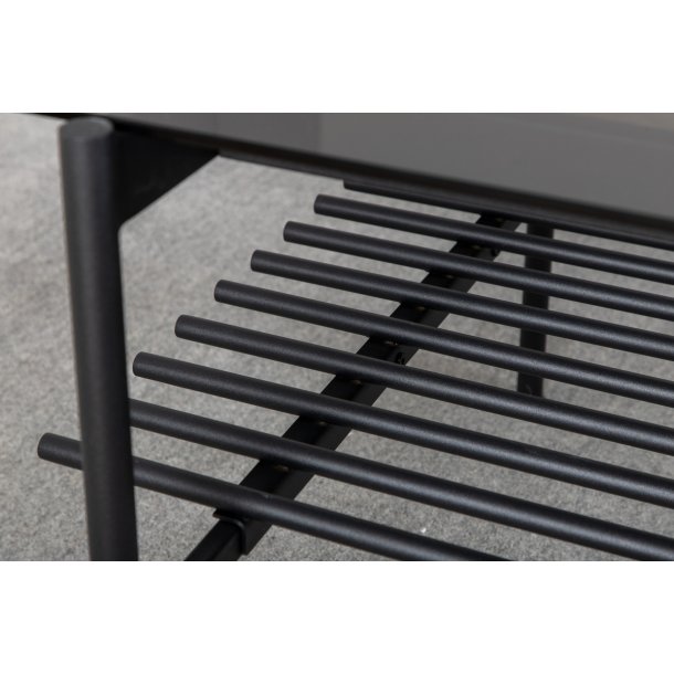 Bodia - Sofabord i rgfarvet glas og sort metal, 60 x 120 cm.