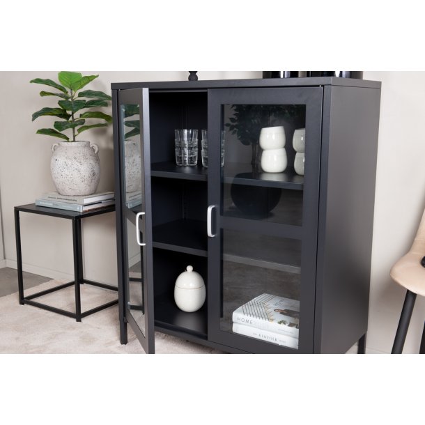 Ripon - Skab i sort metal med glasdre, 80 x 97 cm.