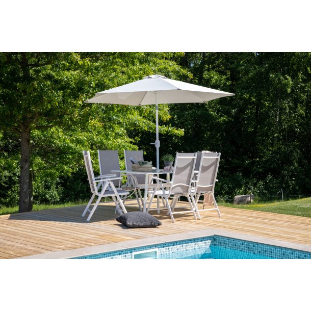Garda - Spisebordsset med bord, seks stole og parasol i hvid aluminium
