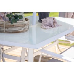 Garda - Spisebordsset med bord, seks stole og parasol i hvid aluminium