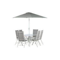 Garda - Spisebordsset med bord, seks stole og parasol i hvid aluminium