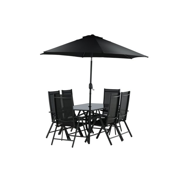 Garda - Spisebordsset med bord, seks stole og parasol i sort aluminium