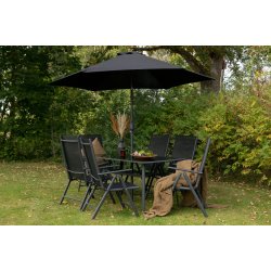 Garda - Spisebordsset med bord, seks stole og parasol i sort aluminium