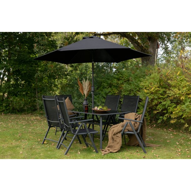 Garda - Spisebordsset med bord, seks stole og parasol i sort aluminium