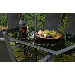 Garda - Spisebordsset med bord, seks stole og parasol i sort aluminium