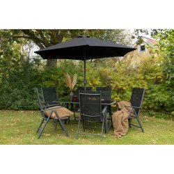 Garda - Spisebordsset med bord, seks stole og parasol i sort aluminium