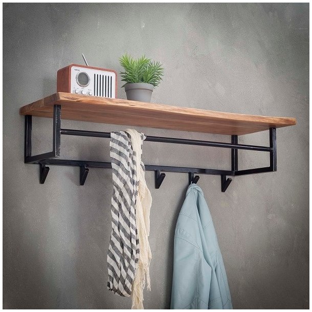 Acai87 - Hattehylde i massivt akacietr med knager