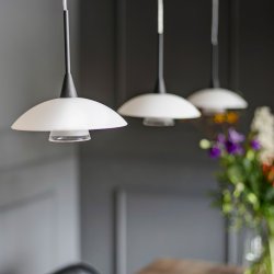 Plate - loftlampe i sort metal sammen med en glasskrm