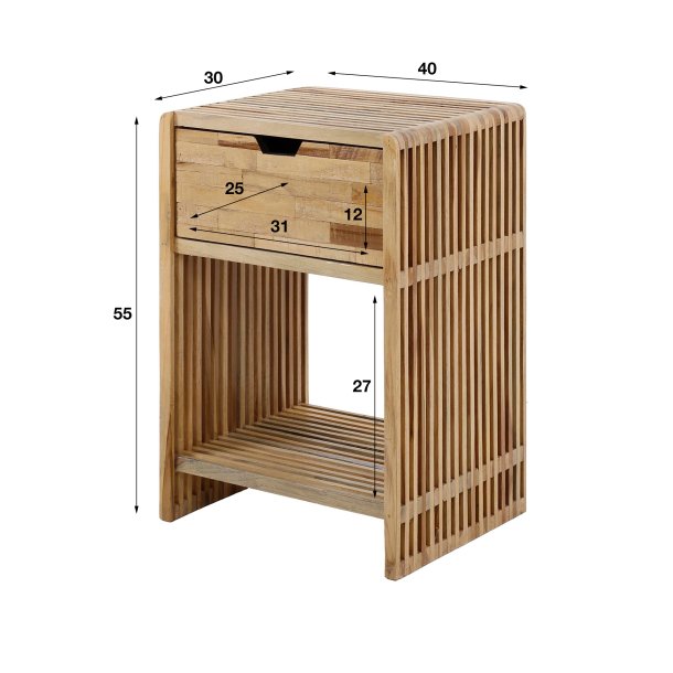 Viento - Sengebord med skuffe og hylde i patineret teaktr