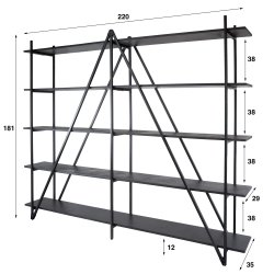 Namu - Reol i gr-sort metal, fem hylder, bredde 220 cm.