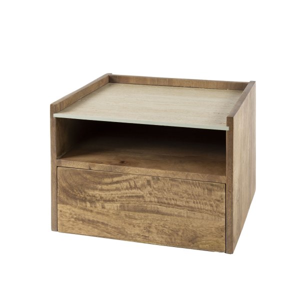 Cerro - Sengebord vghngt i mango og travertin, hjde 30 cm.