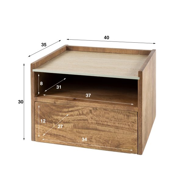 Cerro - Sengebord vghngt i mango og travertin, hjde 30 cm.