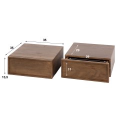 Cove- 2 sengeborde i brun massiv akacietr med skuffe