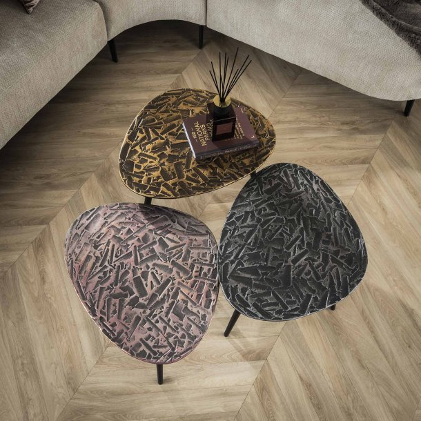 Olympos - Sofabordsst med tre ens borde i bronze, slv og kobber finish