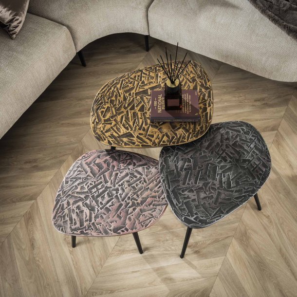 Olympos - Sofabordsst med tre forskellige borde i bronze, slv og kobber finish