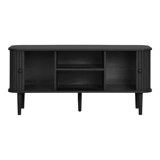 Smoke � TV-b�nk i svart tr� med tv� skjutd�rrar och ett hyllplan
