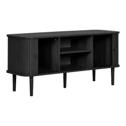 Smoke � TV-b�nk i svart tr� med tv� skjutd�rrar och ett hyllplan