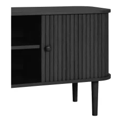 Smoke � TV-b�nk i svart tr� med tv� skjutd�rrar och ett hyllplan