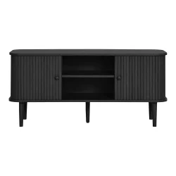 Smoke � TV-b�nk i svart tr� med tv� skjutd�rrar och ett hyllplan