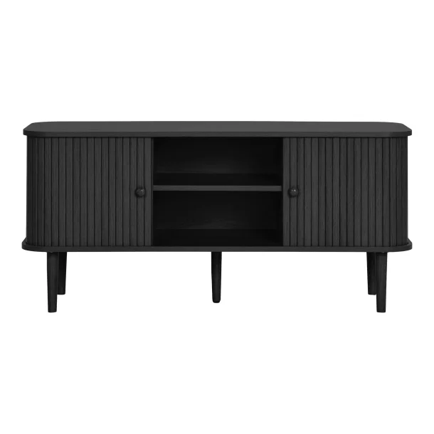 Smoke � TV-b�nk i svart tr� med tv� skjutd�rrar och ett hyllplan