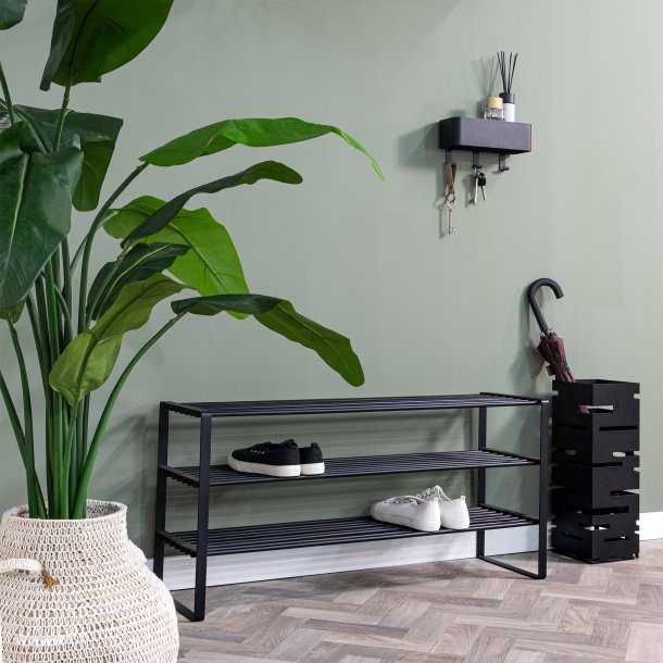 Dinex - Skostativ i sort metal, 3 hylder, bredde 100 cm