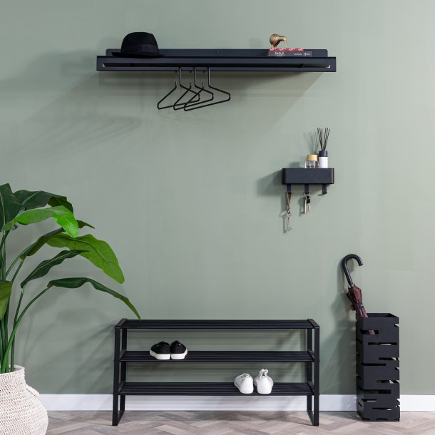 Dinex - Skostativ i sort metal, 3 hylder, bredde 100 cm