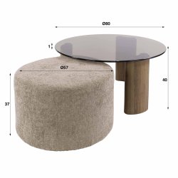 Vaso - Sofabord med glastop samt puf i sandfarvet stof
