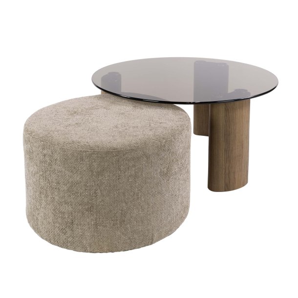 Vaso - Sofabord med glastop samt puf i sandfarvet stof