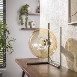 Iris- Bordlampe i ravfarvet glas og bronzefarvet metal