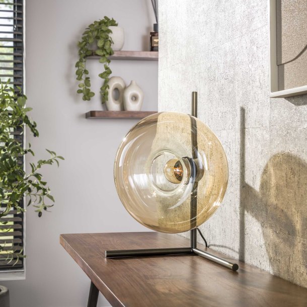 Iris- Bordlampe i ravfarvet glas og bronzefarvet metal