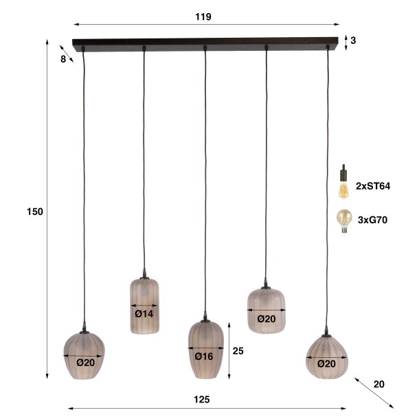 Fuji - Loftlampe i frosted brunlig glas med fem kupler