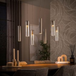 Cala � Taklampa med sju sk�rmar i beige metall och b�rnstensf�rgat glas