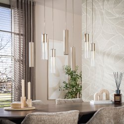 Cala � Taklampa med sju sk�rmar i beige metall och b�rnstensf�rgat glas