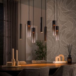 Cala � Taklampa med sju sk�rmar i bronsf�rgad metall och brunt glas.