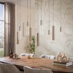 Cala � Taklampa med nio sk�rmar i beige metall och b�rnstensf�rgat glas