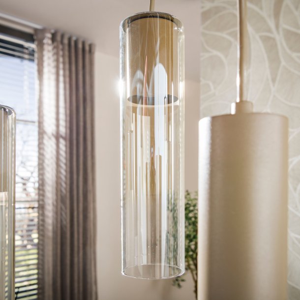 Cala � Taklampa med nio sk�rmar i beige metall och b�rnstensf�rgat glas