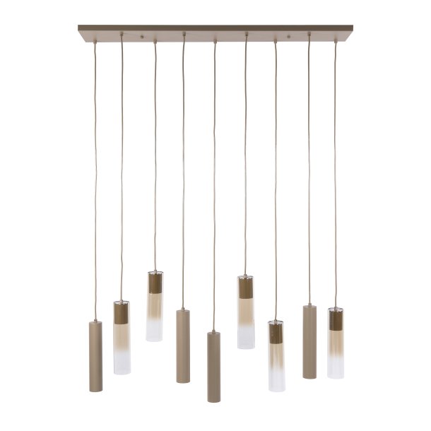 Cala � Taklampa med nio sk�rmar i beige metall och b�rnstensf�rgat glas