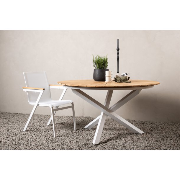 Ponsa - Spisebord i teaktr og hvid aluminium, diameter 140 cm.