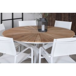 Ponsa - Spisebord i teaktr og hvid aluminium, diameter 140 cm.