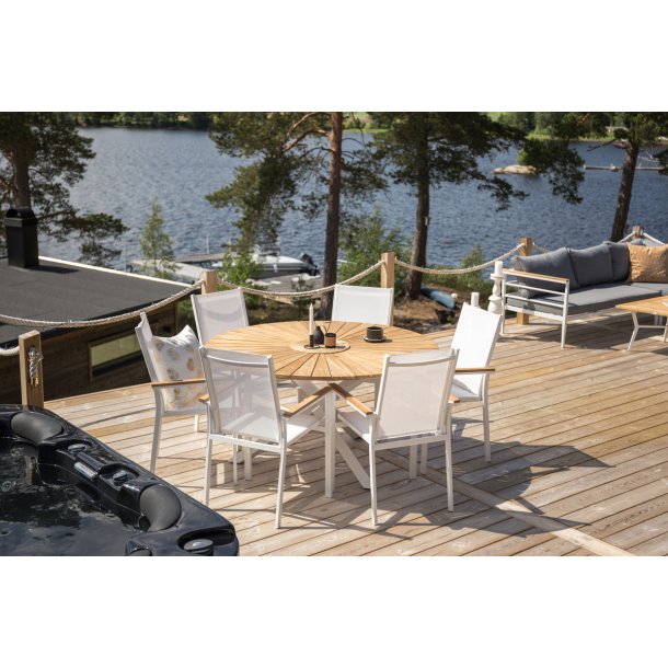 Ponsa - Spisebord i teaktr og hvid aluminium, diameter 140 cm.