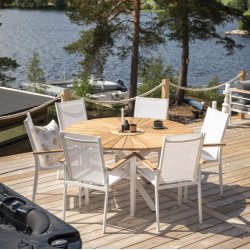 Ponsa - Spisebord i teaktr og hvid aluminium, diameter 140 cm.