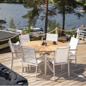 Ponsa - Spisebord i teaktr og hvid aluminium, diameter 140 cm.