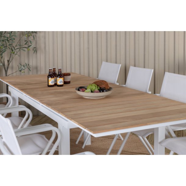 Ponsa - Spisebord i teaktr og hvid aluminium, med udtrksplade