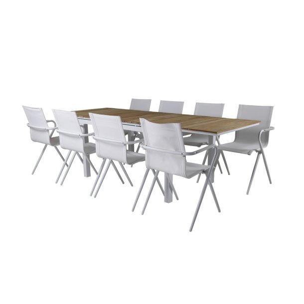 Ponsa - Spisebord i teaktr og hvid aluminium, med udtrksplade